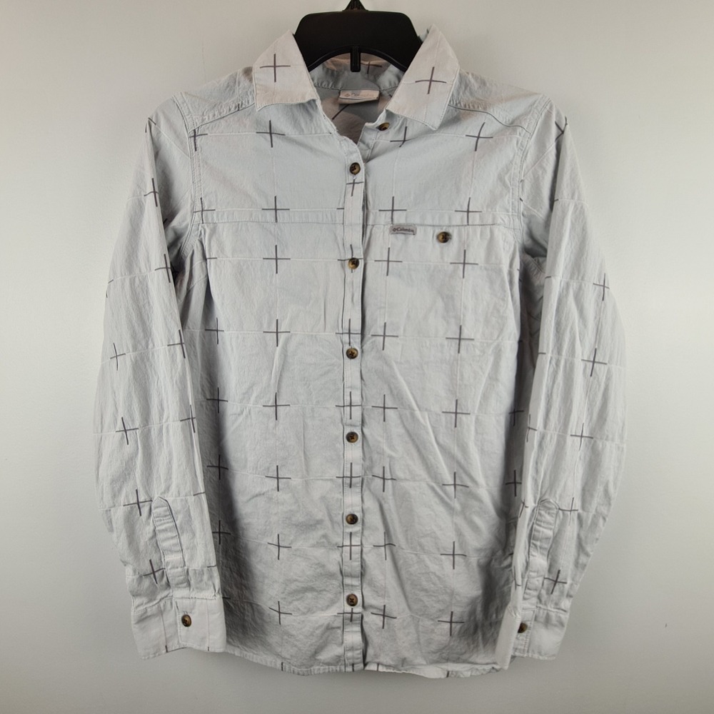 Columbia Womens Long Sleeve Button Down Shirt‎ Gray Blue Cross Print Small Light